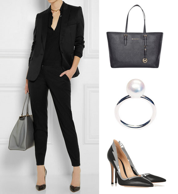 Stella McCartney blézer, Michael Kors táska, LIKO gyűrű, Gianvito Rossi cipő