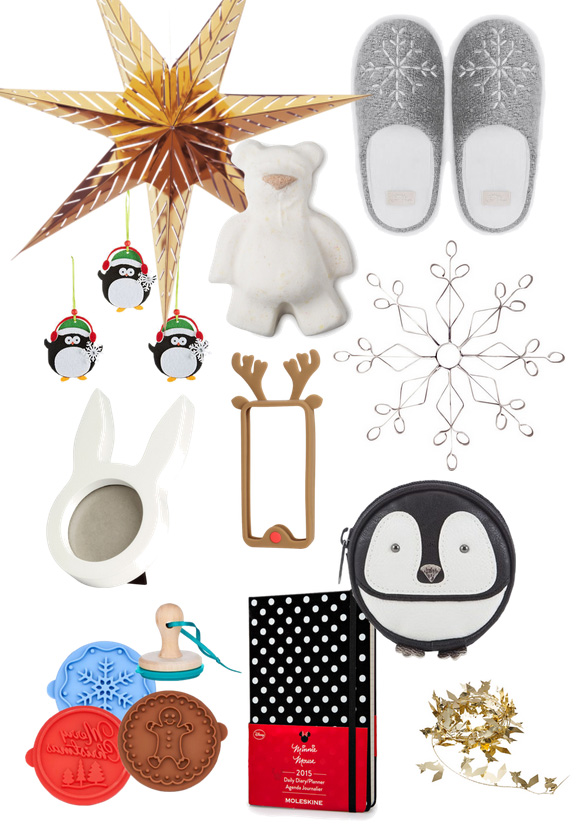 STRÅLA Függőlámpa (IKEA), Hópelyhes mamusz (Oysho), Butterbear fürdőgolyó (Lush), Pingvines karácsonyfadísz (KIK), Hópehely (H&M), Nyuszis fényképtartó (H&M), Rénszarvasos Iphone tok (H&M), Pingvines pénztárca (F&F), Sütipecsét (Butlers), 2015-ös naptár (Moleskine), VINTERMYS füzér (IKEA)