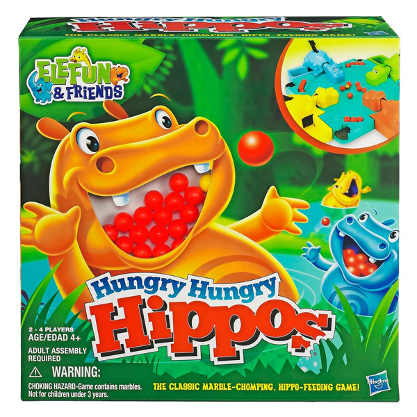 Hogyan lehet egy kétévest, egy hatévest és két felnőttet egy játékkal lekötni. A Hungry Hungry Hippos nagyon zajos, de nagyon szórakoztató. A cél, hogy a vízilovunk minél több golyót felfaljon.