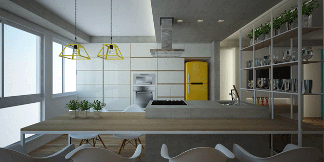 A konyhába a sárga hoz vidámságot. A plafonig érő szekrény pedig elrejti a háztartási eszközöket és egységes térérzetet kelt. (fotó: semerene.com)