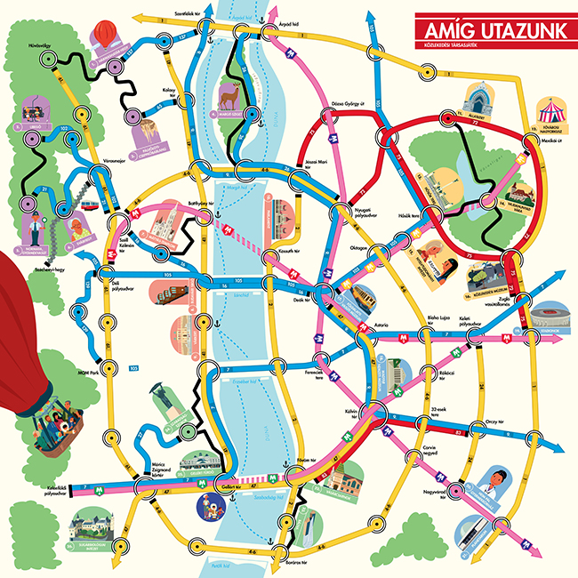 A játéktábla 55x55 centi és Budapest egyszerűsített térképe.