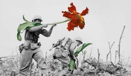Fegyverek és helyett virágok a háborús képeken