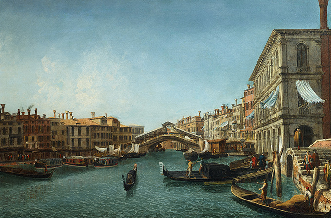 Michele Marieschi (Velence, 1710-1744) A Canale Grande látképe a Rive del Vinnel és a del Carbonnal, 1730-1735 körül, Olaj, vásznon, 55,5 x 83 cm, Intesa Sanpaolo gyűjtemény, Gallerie d’Italia - Palazzo Leoni Montanari, Vicenza