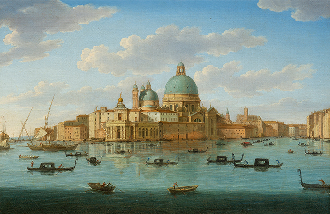 Hendrik Frans van Lint (Antwerpen, 1684 – Róma, 1763) A La Salute látképe a Punta della Doganával, 1750 körül, Olaj, vásznon, 46,5 x 71,5 cm, Intesa Sanpaolo gyűjtemény, Gallerie d’Italia - Palazzo Leoni Montanari, Vicenza