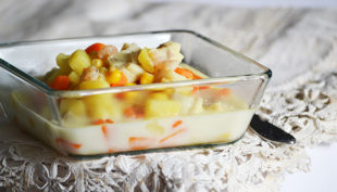 Tőkehal-rák-kukorica tejszínes halleves (chowder)/Fotó: Myreille
