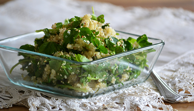 Quinoa saláta zöldborsócsírával, bazsalikommal és pirított szezámmaggal/Fotó: Myreille