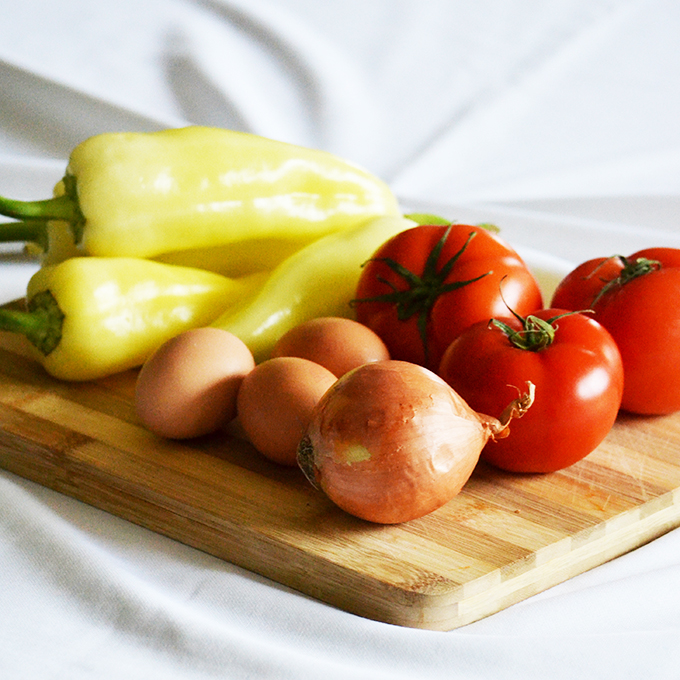 Make Lecsó! Ingredients: Yellow wax peppers, tomatos, eggs and onion./Photo: Myreille Make Lecsó! Ingredients: Yellow wax peppers, tomatos, eggs and onion./Photo: Myreille